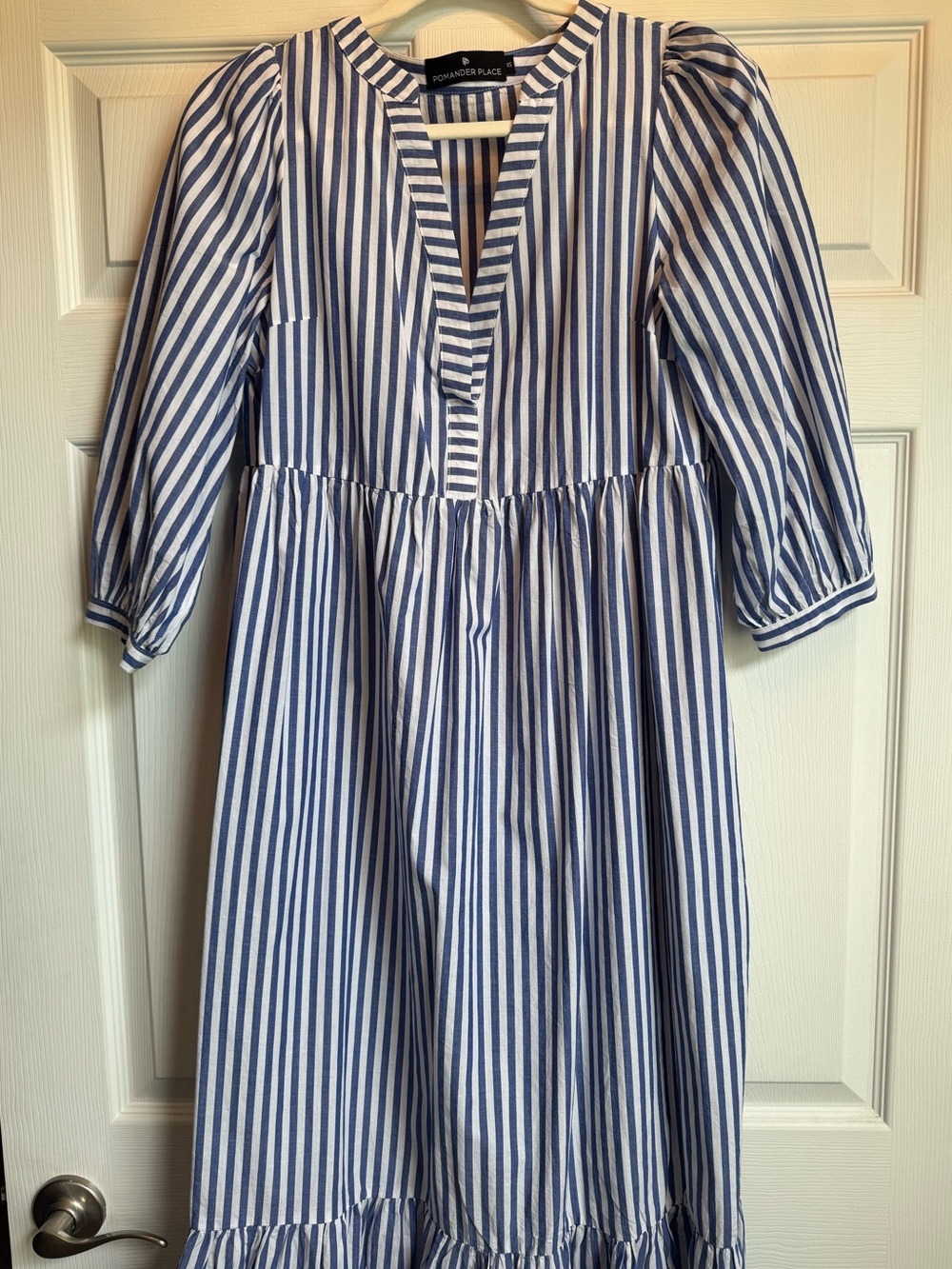 Pomander Place Blue and White Striped Midi Dress